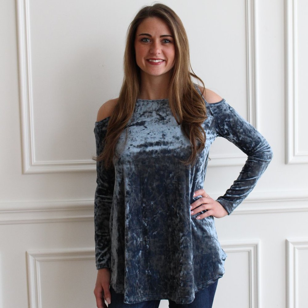 Blue Velvet Cold Shoulder Top